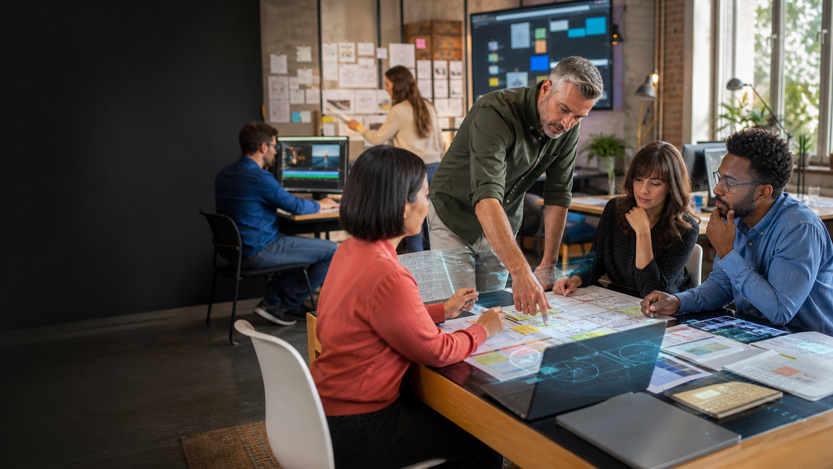 Learning and development professionals collaborating around an interactive workspace