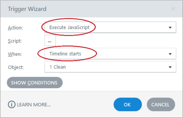 Select “Execute JavaScript” when timeline starts